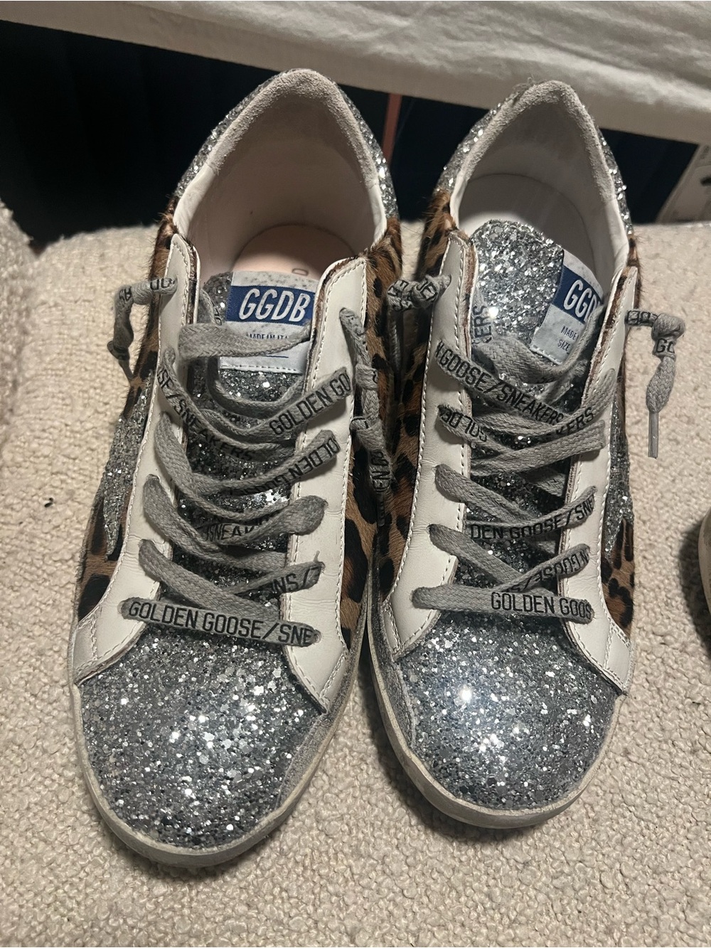 Like new Golden Goose Silver Glitter & Leopard Panel Low-Top Sneakers